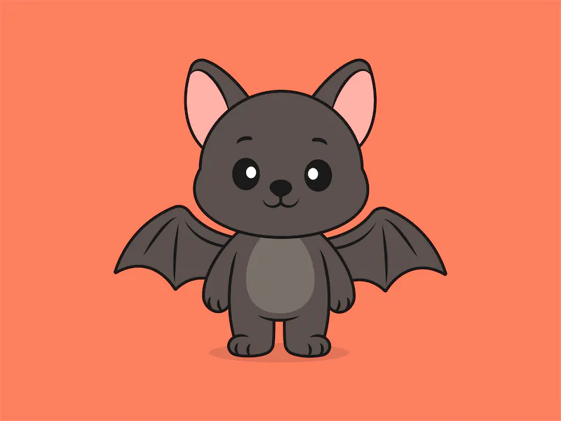 Cute Bat Standing Front View – Flat Vector Cartoon Illustration of a Bat Character