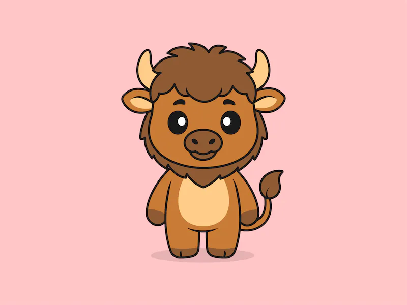 Cute Bison Standing Front View – Flat Vector Cartoon Illustration of a Bison Character