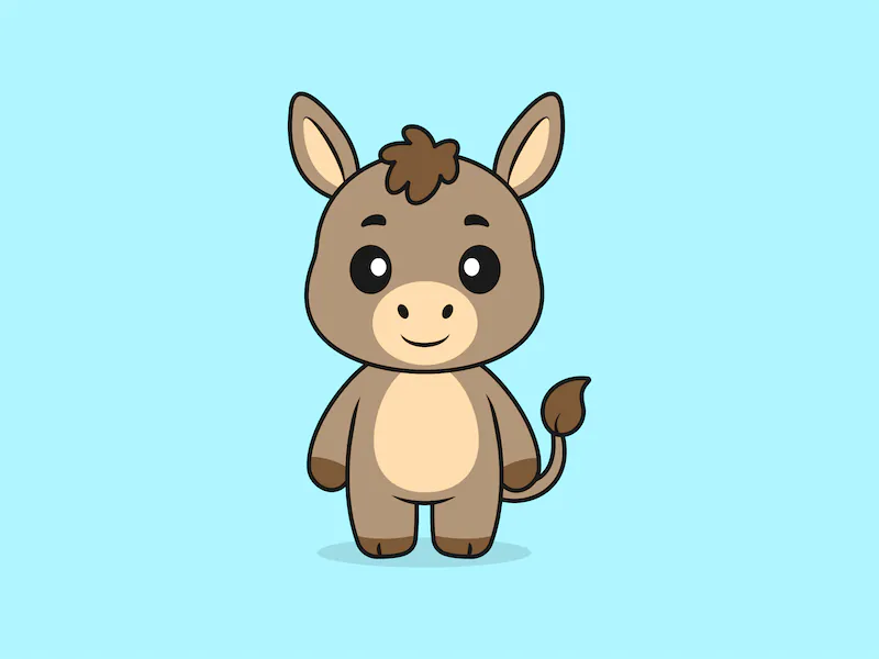 Cute Donkey Standing Front View – Flat Vector Cartoon Illustration of a Donkey Character