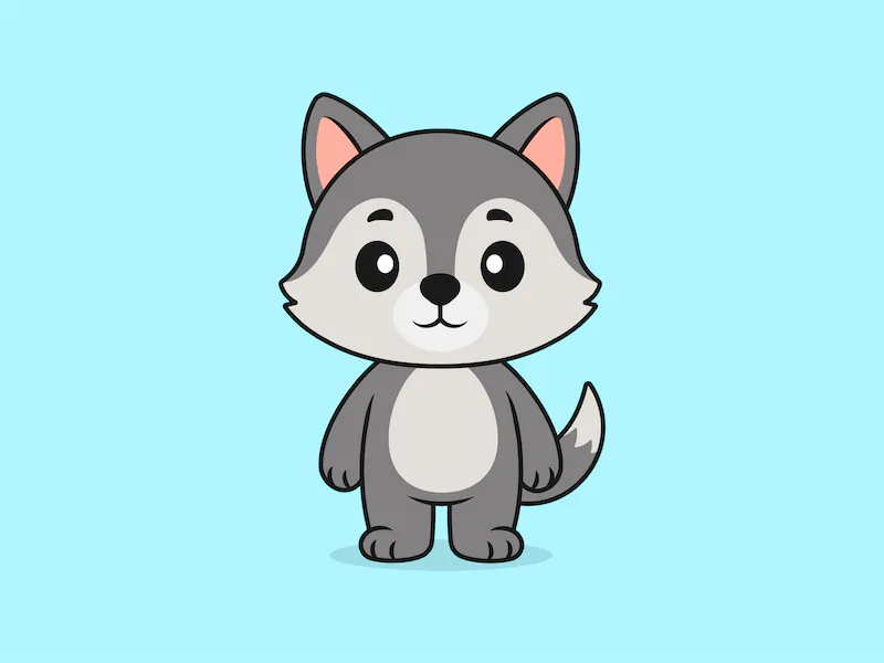Cute Wolf Standing Front View – Flat Vector Cartoon Illustration of a Wolf Character