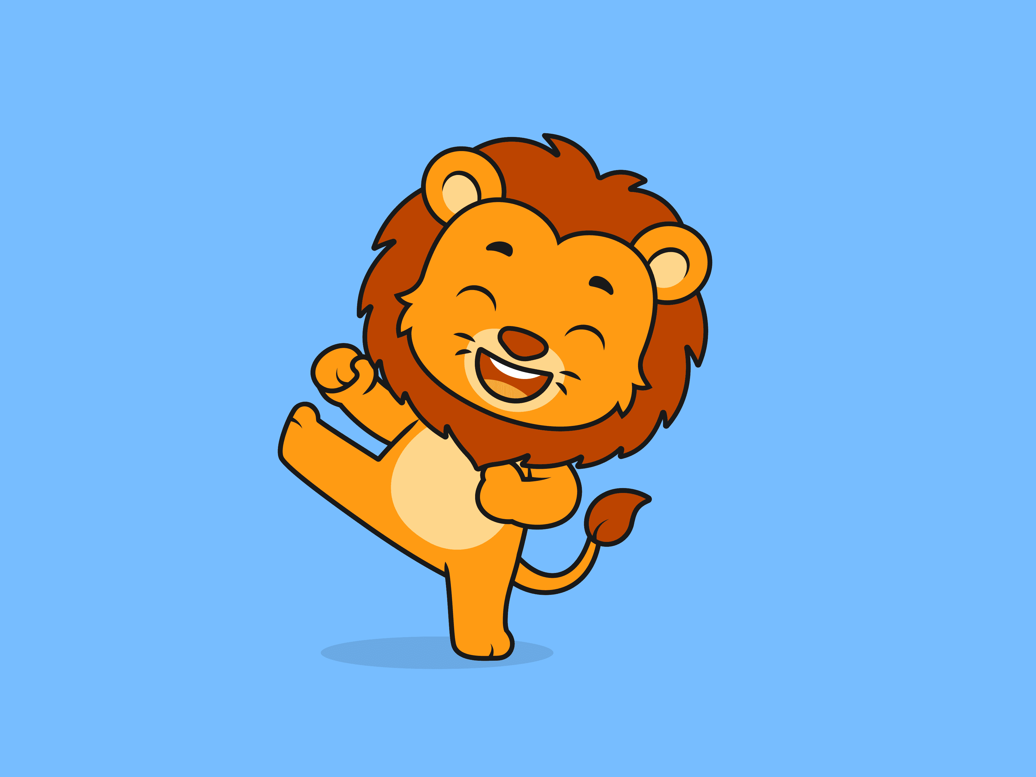 Cute Lion High Kick Pose – Flat Vector Cartoon Illustration of a Lion Character