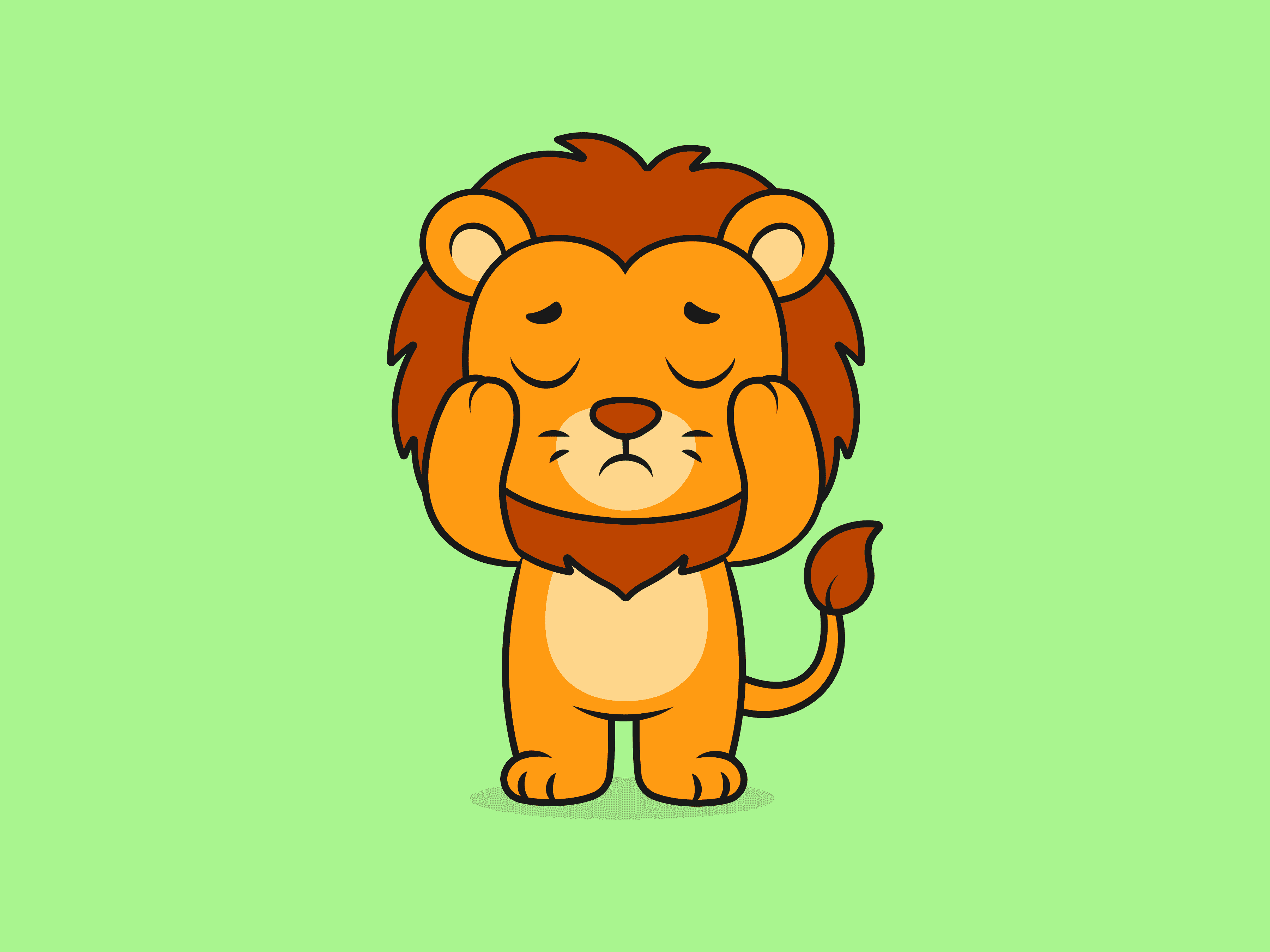 Cute Lion Holding Head Pose – Flat Vector Cartoon Illustration of a Lion Character