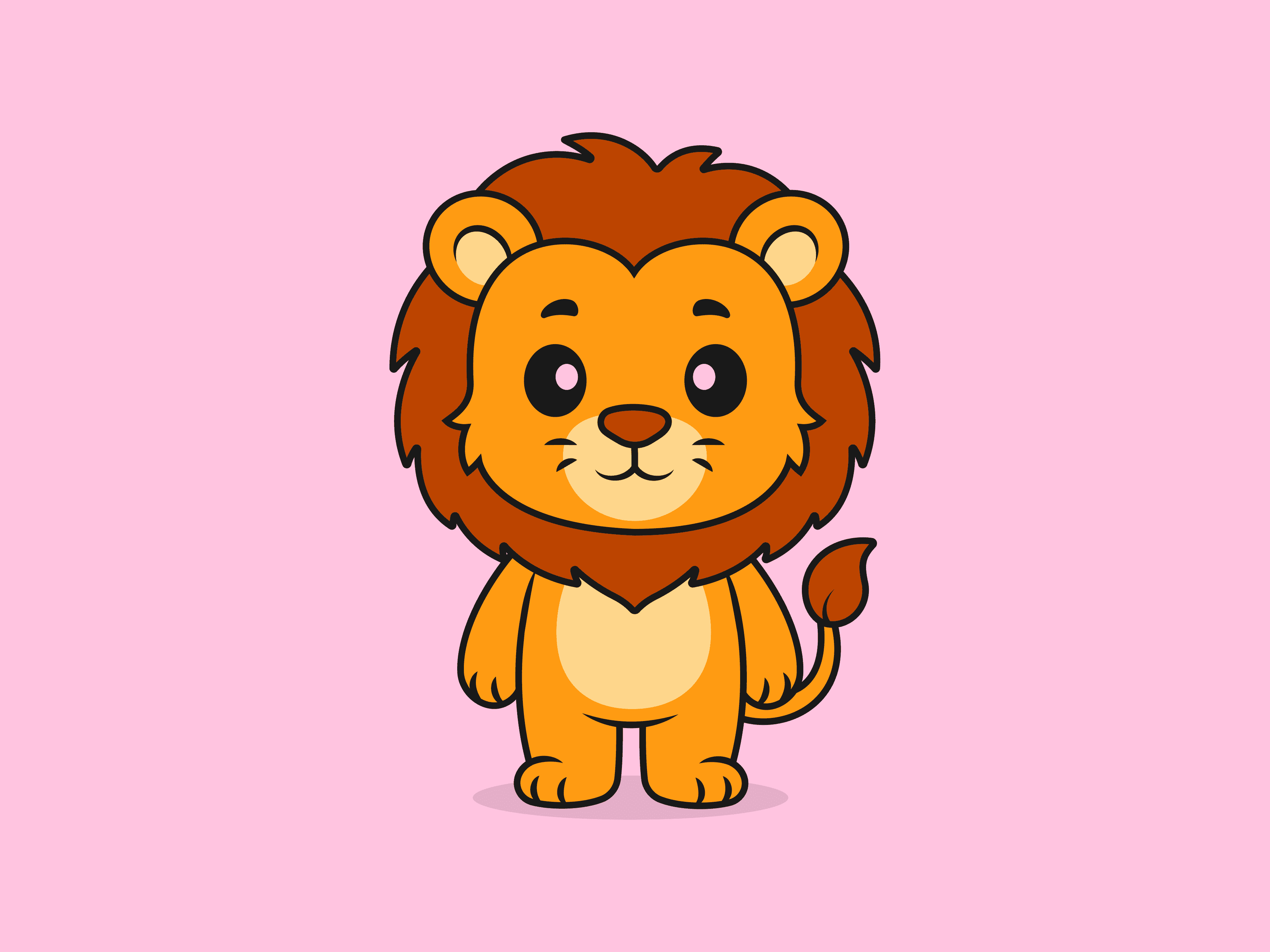 Cute Lion Standing Front Pose – Flat Vector Cartoon Illustration of a Lion Character